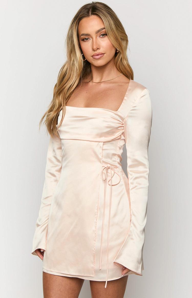 Lucy Cream Satin Long Sleeve Mini Dress Product Image