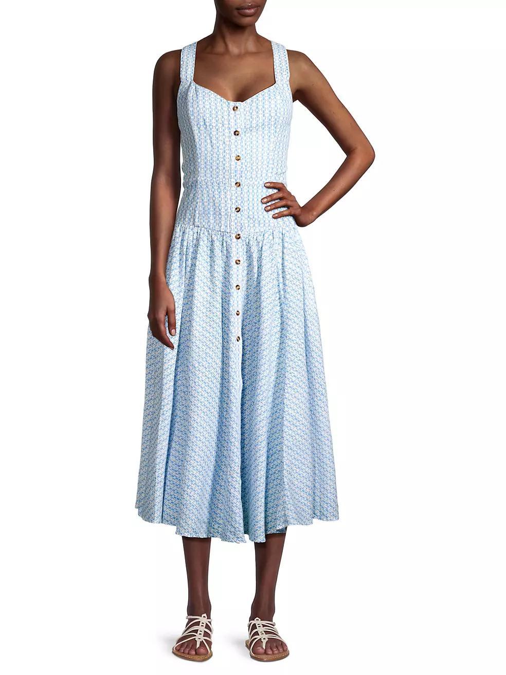 Hoku Geometric Cotton-Linen Midi-Dress Product Image