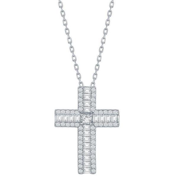 Sterling Silver Cubic Zirconia Baguette Cross Necklace, Womens Product Image