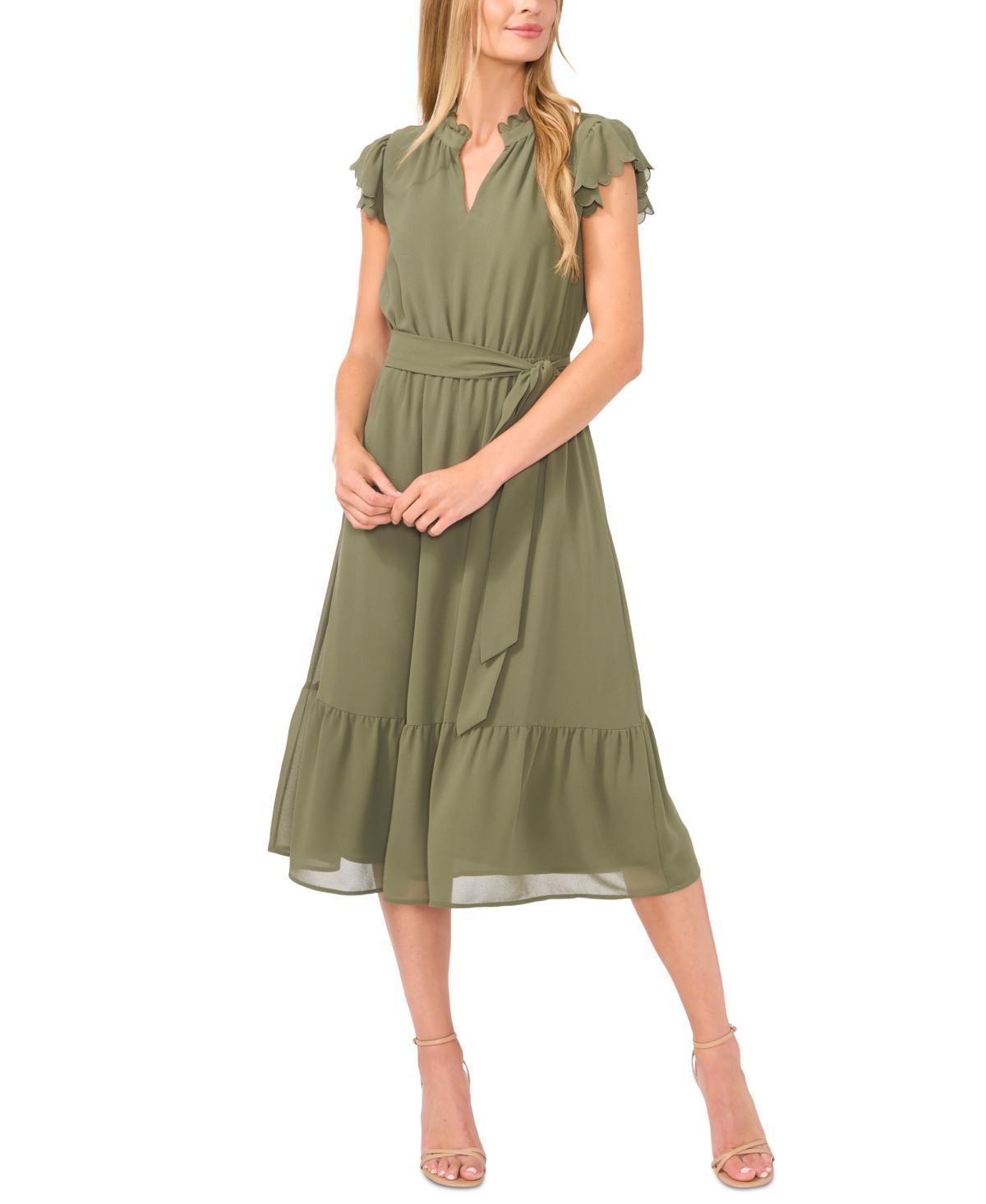 CeCe Womens Scallop-Ruffle Tie-Waist Midi Dress Product Image