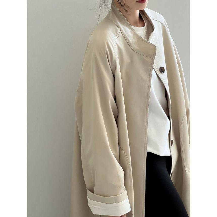 Stand Collar Plain Midi Single-Breasted Coat Product Image