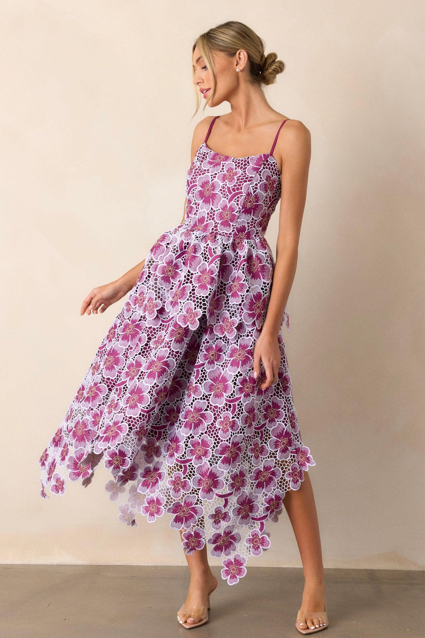 Glimpse Of Grace Light Plum Floral Embroidered Midi Dress Product Image