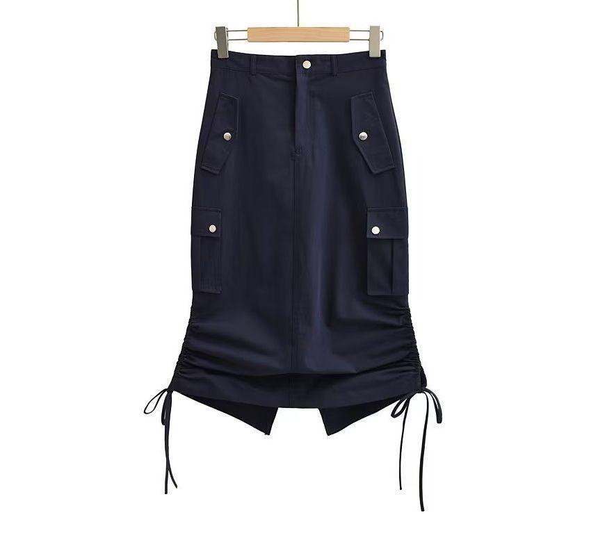 High Waist Plain Drawstring Midi Pencil Cargo Skirt Product Image