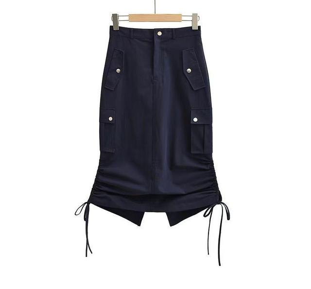 High Waist Plain Drawstring Midi Pencil Cargo Skirt Product Image