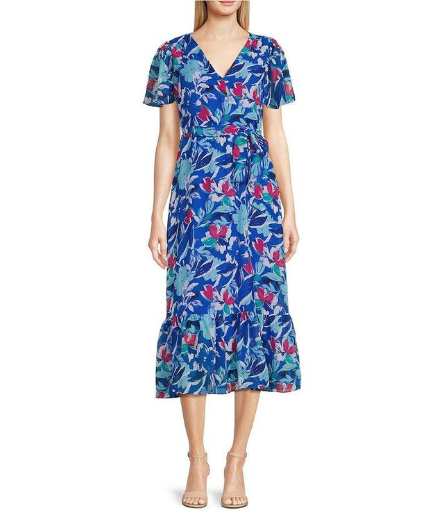 Leslie Fay Short Split Sleeve V-Neck Flounce Skirt Floral Midi Dress Product Image