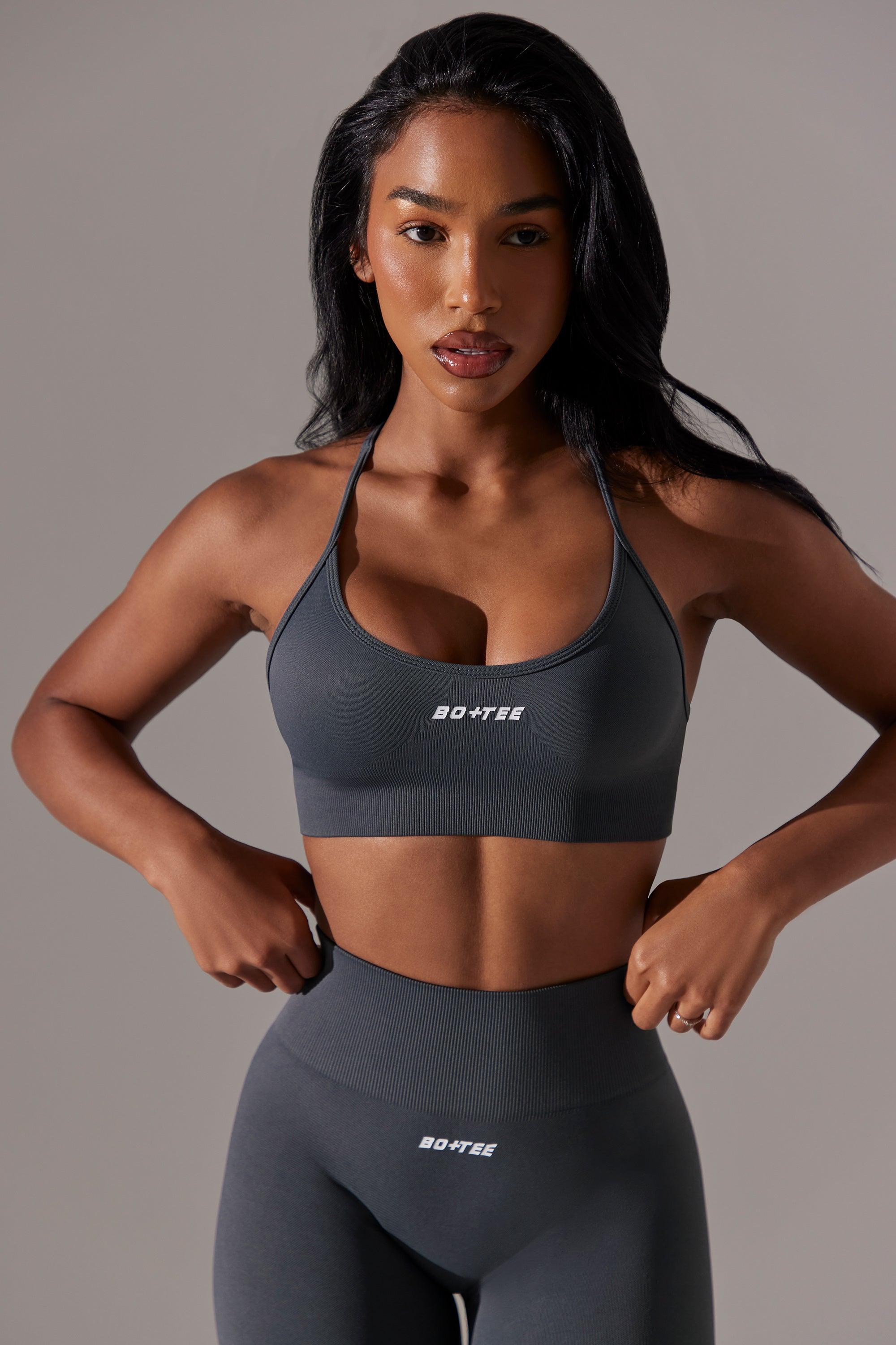 Scoop Neck Multi Strap Sports Bra in Grey Product Image