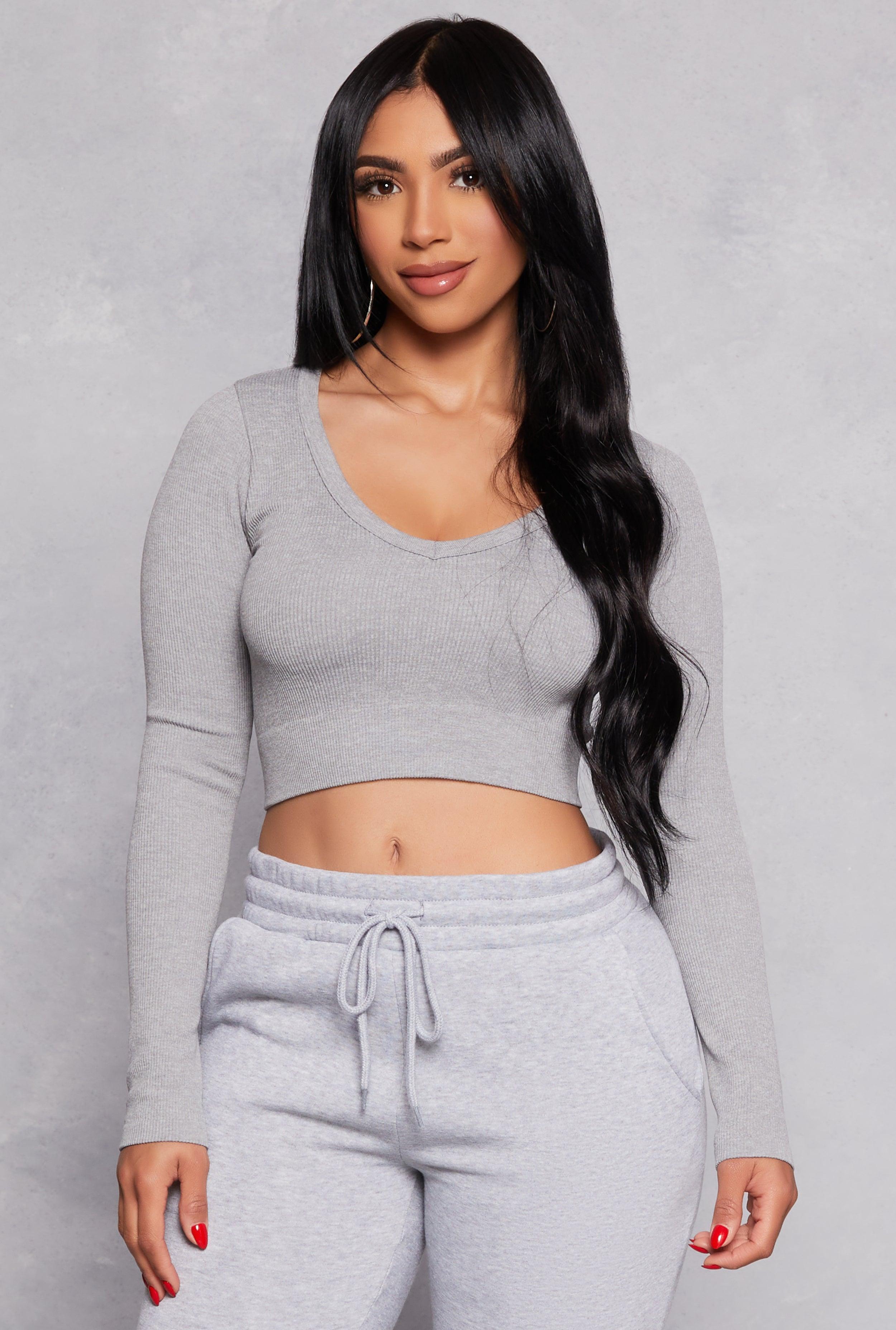 Womens Seamless Ribbed Knit Long Sleeve Crop Top Product Image