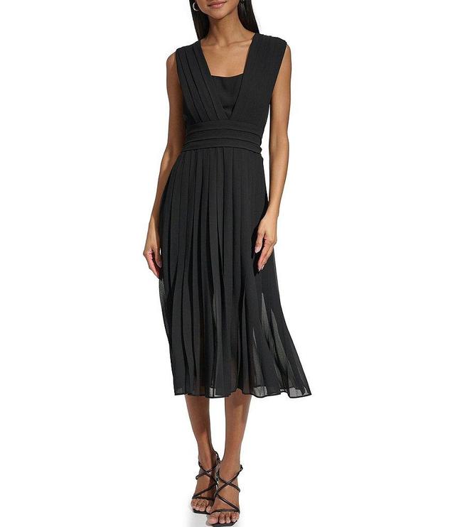 KARL LAGERFELD PARIS Chiffon Pleated Square Neck Sleeveless Midi Dress Product Image