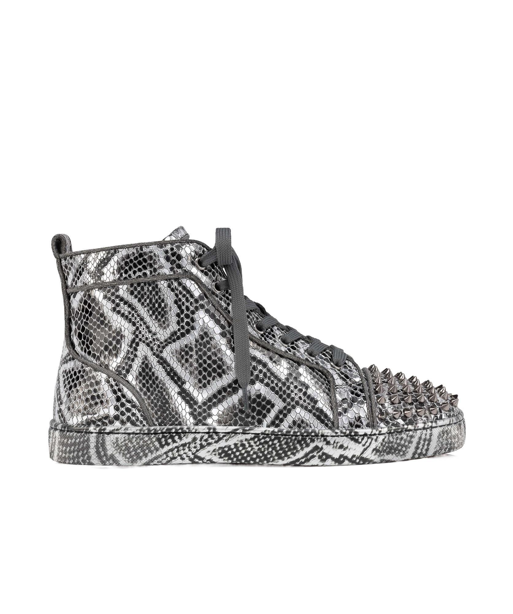 CHRISTIAN LOUBOUTIN Lou Spikes Orlato Leather High-top Sneakers In Gray Product Image