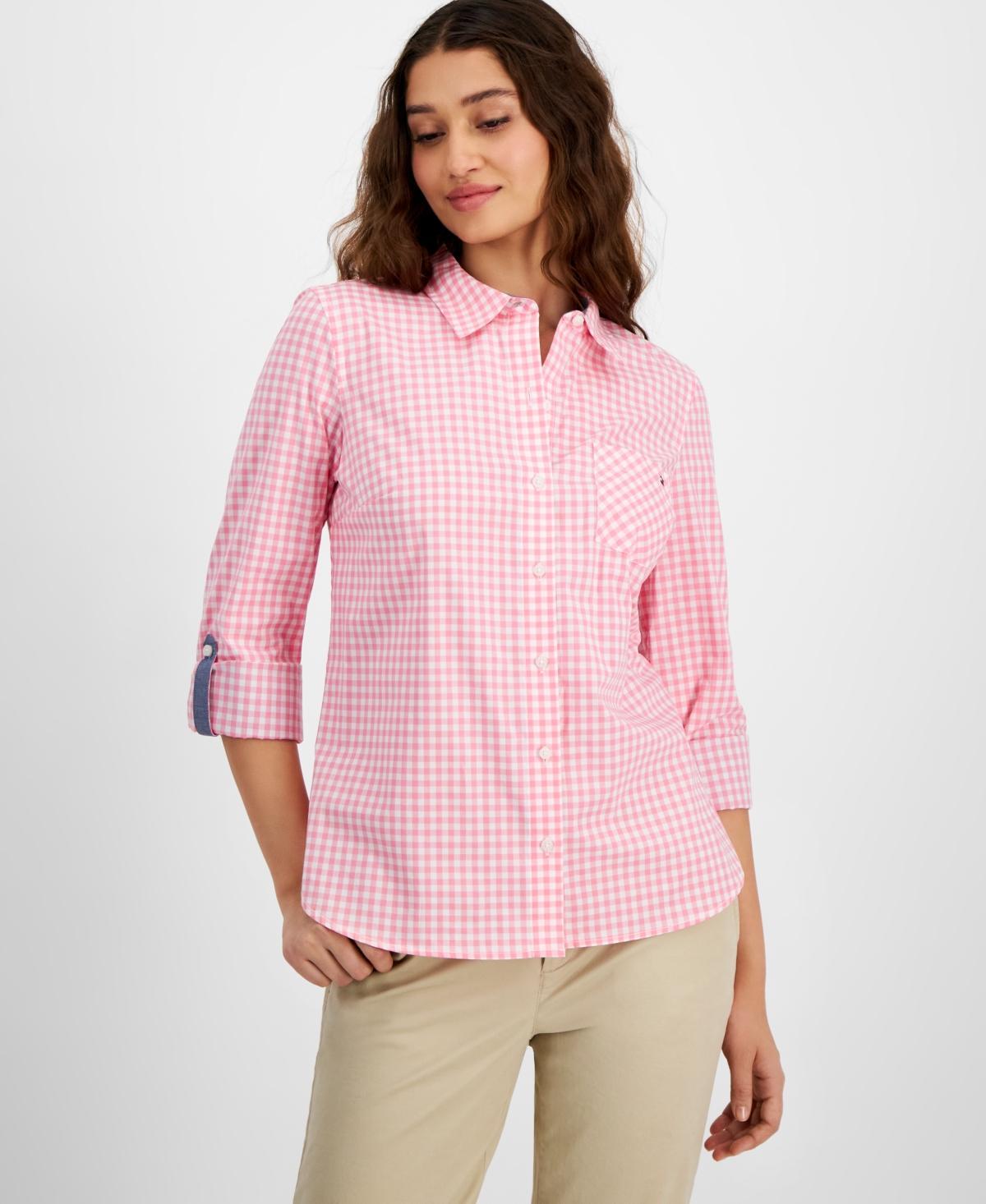 Tommy Hilfiger Womens Cotton Gingham Roll-Tab Shirt - Scarlet/ Product Image