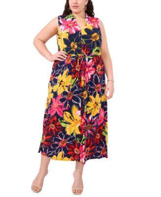 Plus Size Printed V-Neck Tie-Waist Sleeveless Dress Product Image