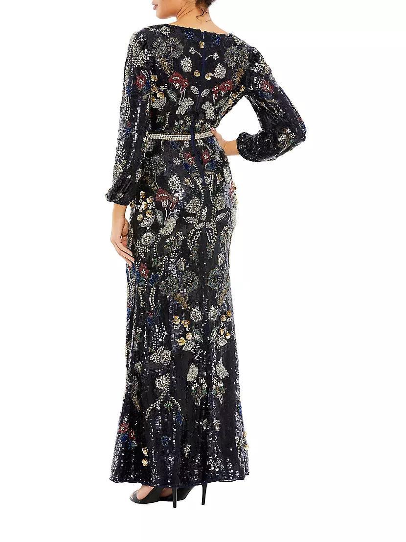 Embellished Wrap-Over Bishop-Sleeve Gown Product Image