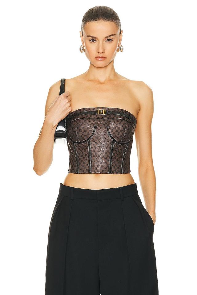 BALMAIN Mini Monogram Leather Bustier Top Brown. (also in 34, 40). Product Image