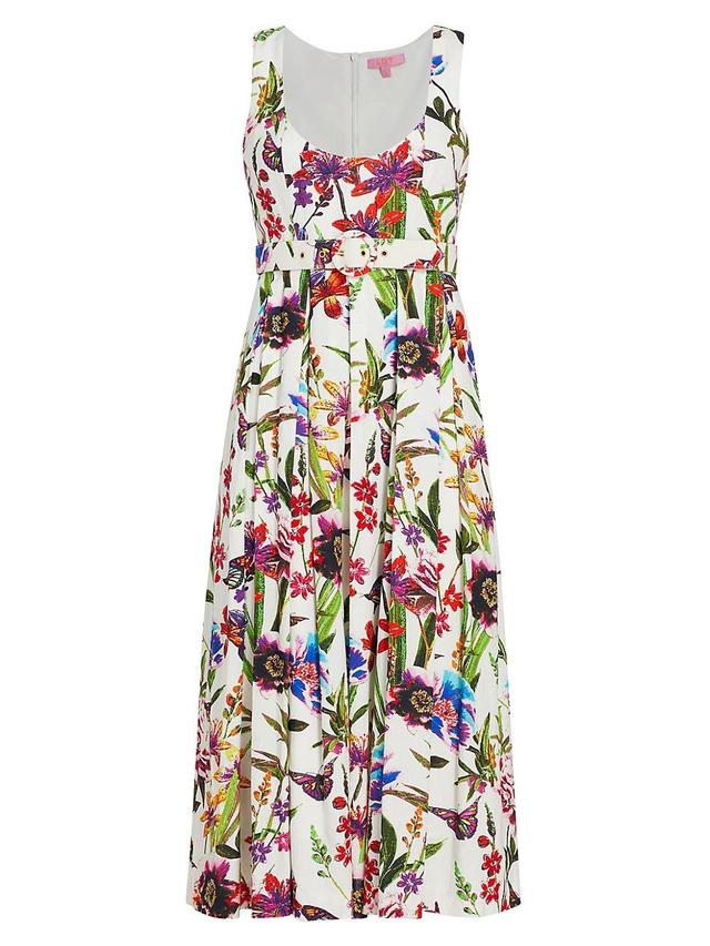 Womens Athena Belted Floral Linen-Blend Midi-Dress Product Image