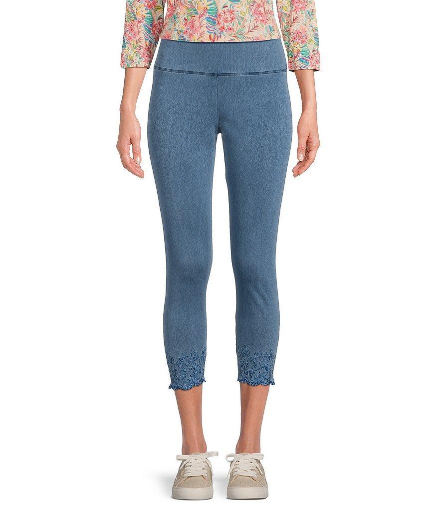 Intro Stretch Denim Love The Fit Pull-On Tummy Control Elastic Waist Embroidered Scallop Hem Capri Leggings Product Image