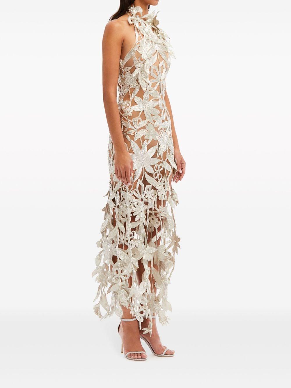 Floral Bead-embellished Halterneck Gown In Platine Product Image