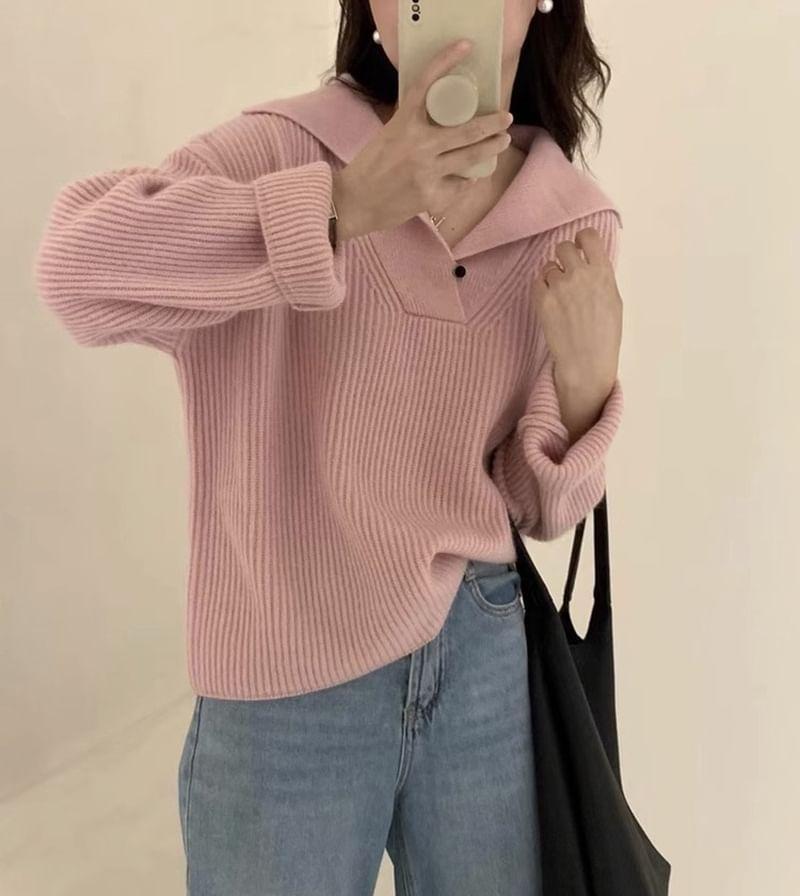 Long Sleeve V-Neck Plain Ribbed-Knit Loose-Fit Sweater product image