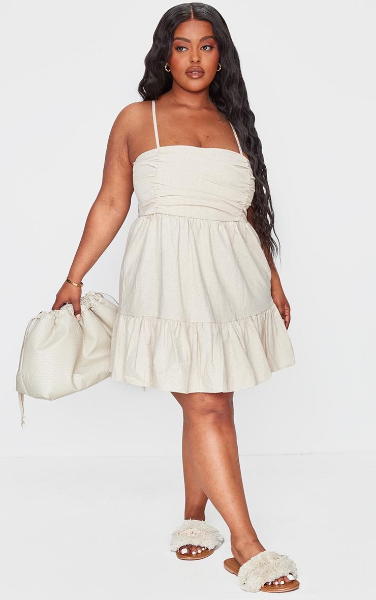 Plus Stone Linen Ruched Bust Detail Tiered Hem Mini Dress Product Image