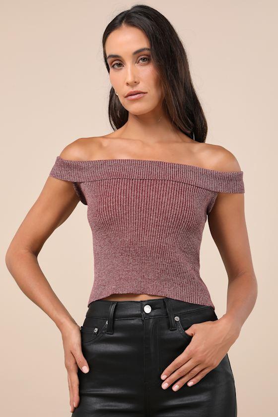 Total Charisma Burgundy Marled Ribbed Off-the-Shoulder Crop Top Product Image