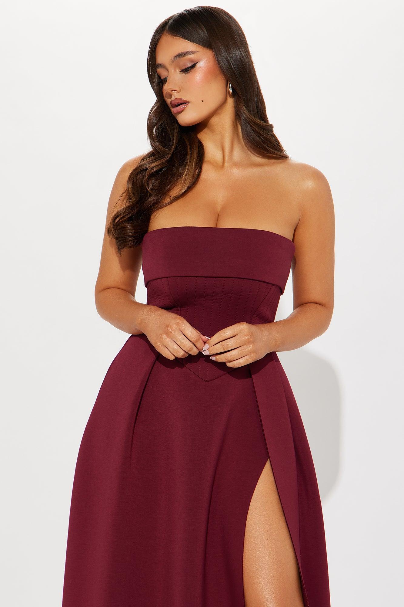 Britney High Slit Scuba Gown - Burgundy Product Image