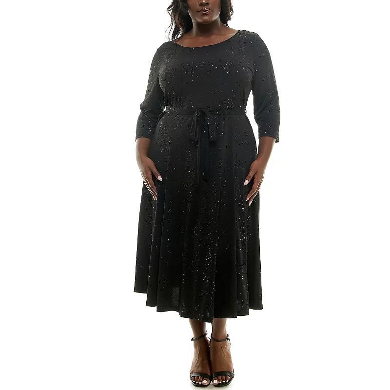 Plus Size Nina Leonard Glitter Sylvia Three-Quarter Sleeve Midi Dress, Womens Product Image