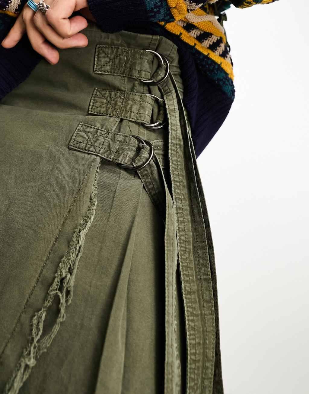 Reclaimed Vintage genderless grunge midi kilt in khaki  Product Image