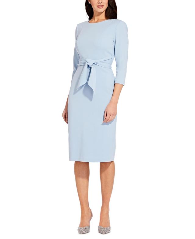 Adrianna Papell Stretch Crepe Crew Neck Tie Waist 34 Sleeve Midi Sheath Dress Product Image