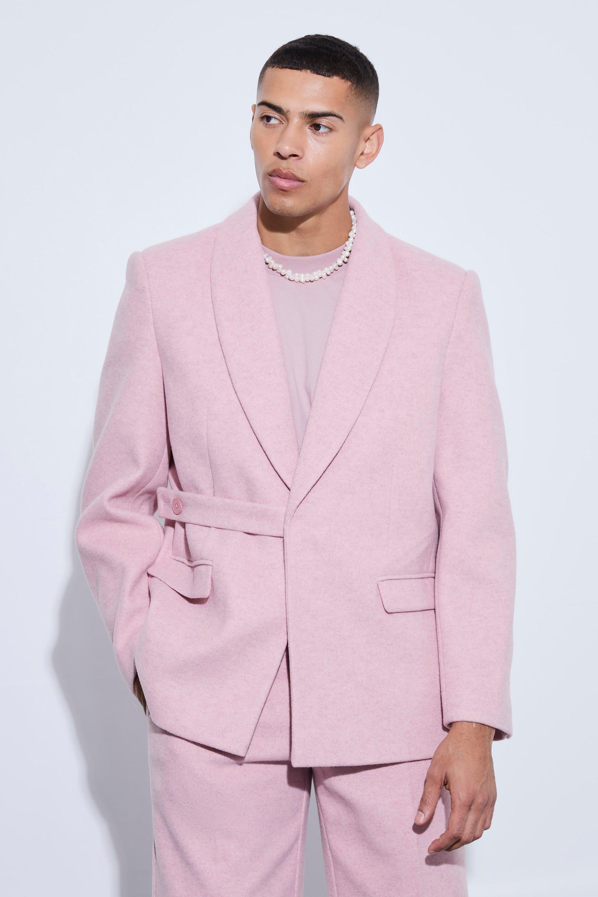 Mens Pink Wool Look Oversized Strap Detail Blazer, Pink Product Image