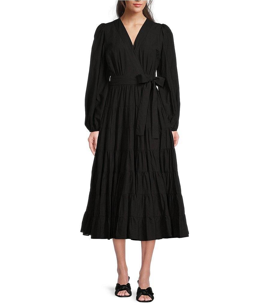 Gibson & Latimer Woven Poplin V-Neck Long Blouson Sleeve Tie at Side Wrap A-Line Flounce Midi Dress Product Image