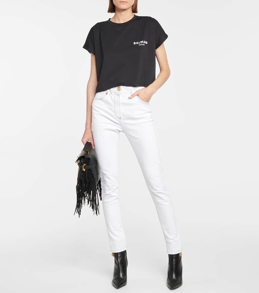 BALMAIN Cropped Flocked Cotton-jersey T-shirt In Black White Product Image