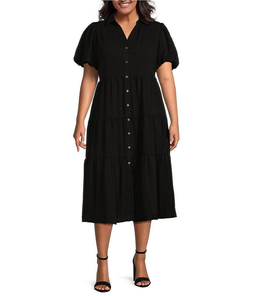 CeCe Plus Size Drapey Gauze Point Collar V Neck Short Puff Sleeve Button Front Tiered Midi A-Line Shirt Dress Product Image