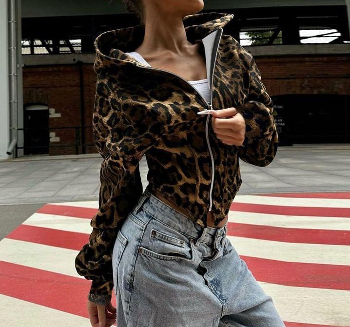 Long Sleeve Leopard Print  Zip-Up Crop Hooded Jacket Product Image