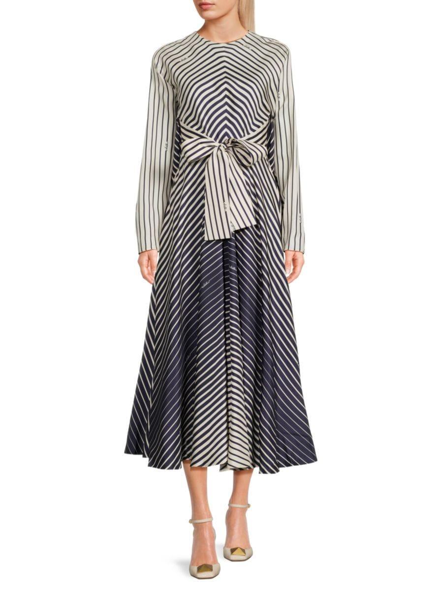 VALENTINO Women's Striped Silk Midi Dress In Cream Navy Product Image