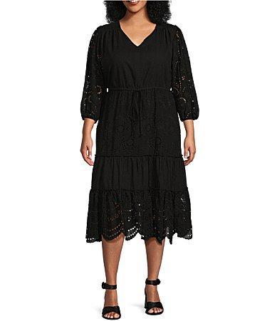 Nurture by Westbound Plus Size 34 Sleeve V-Neck Eyelet Detail Scalloped Hem Midi Dress Product Image