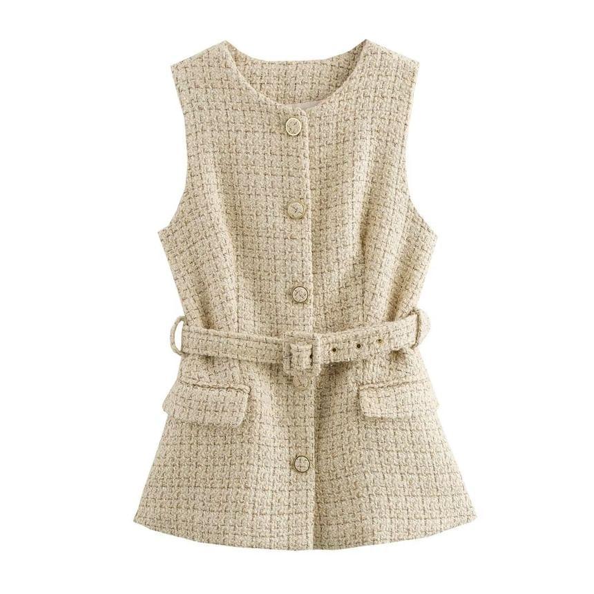 Round Neck Tweed Belted Button Vest Product Image