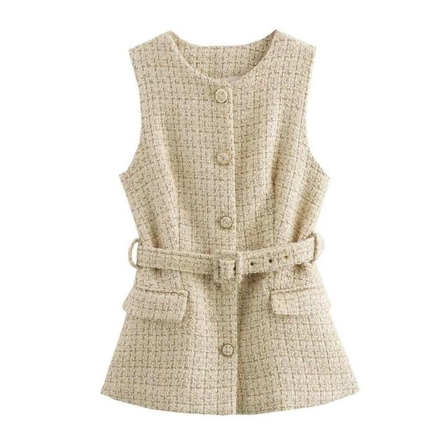 Round Neck Tweed Belted Button Vest Product Image