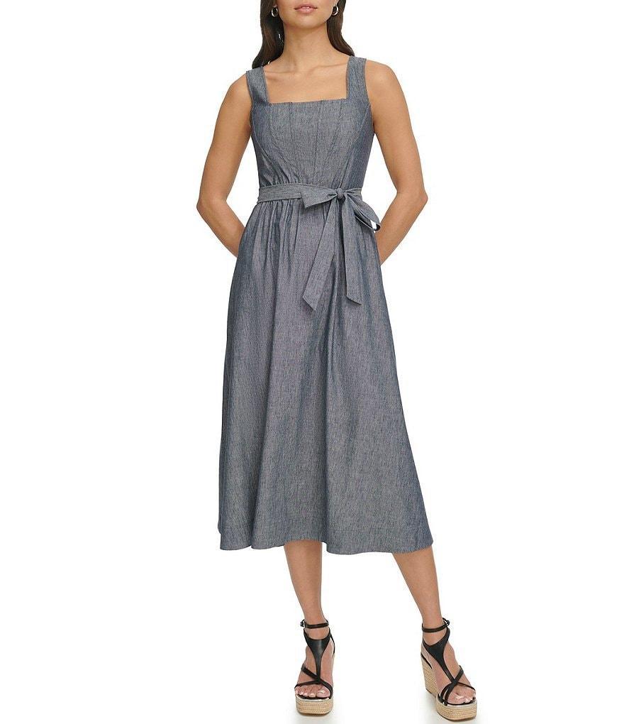 DKNY by Donna Karan Stretch Denim Chambray Square Neck Sleeveless Fit and Flare Midi Dress Product Image