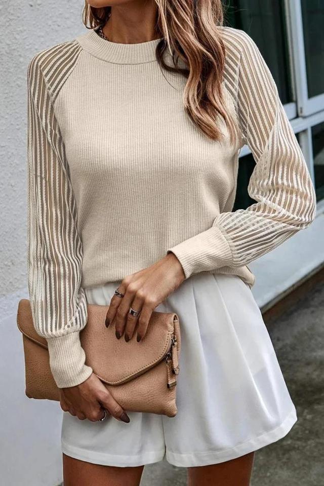 Olivia Mark – Striped Ribbed Mesh Long Sleeve Crewneck Top Product Image