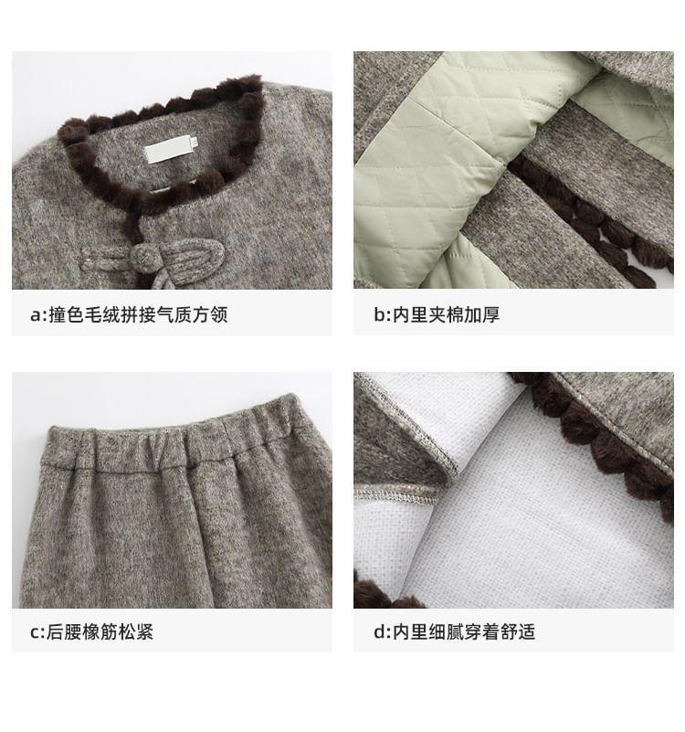 Set: Round Neck Fluffy Trim Frog Closure Jacket + High Rise Midi A-Line Skirt Product Image