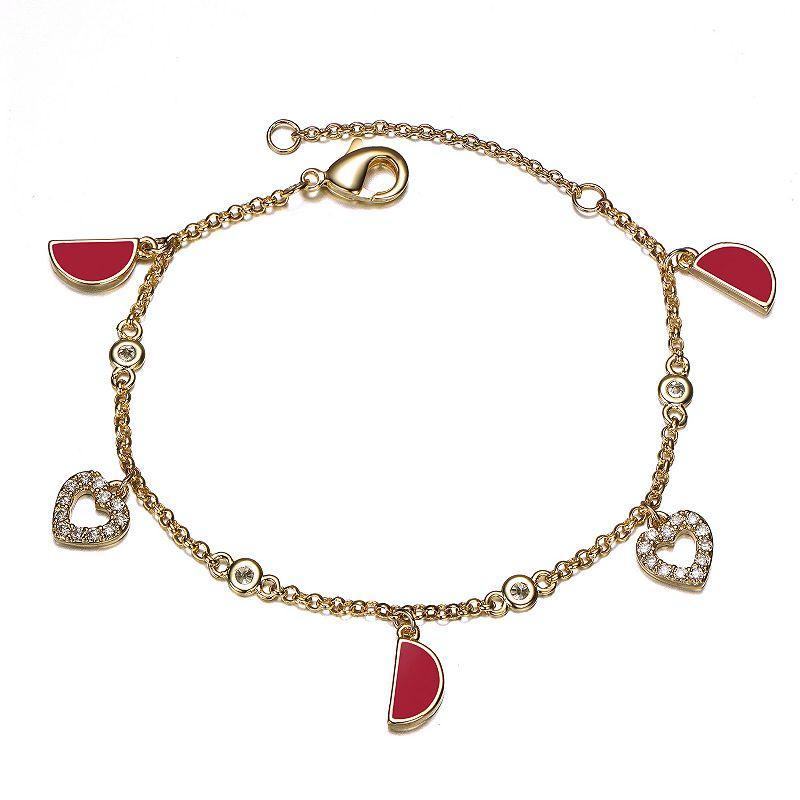 Kids 14k Gold Plated Cubic Zirconia Heart & Red Half Moon Charm Bracelet, Womens Product Image