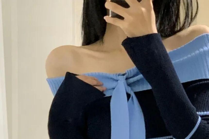 Long Sleeve Off Shoulder Striped Bow Detail Knit Top Product Image