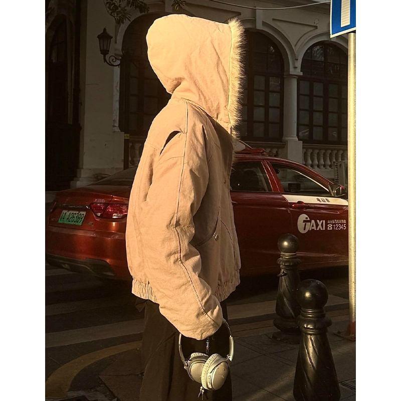 Fluffy Panel Hooded Zip-Up Jacket Product Image