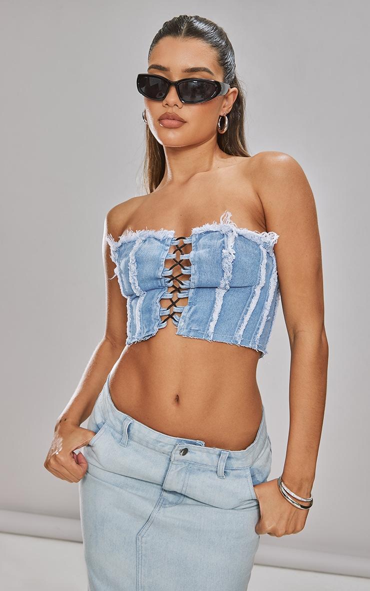 Mid Blue Wash Lace Front Distressed Edge Denim Bandeau Top Product Image