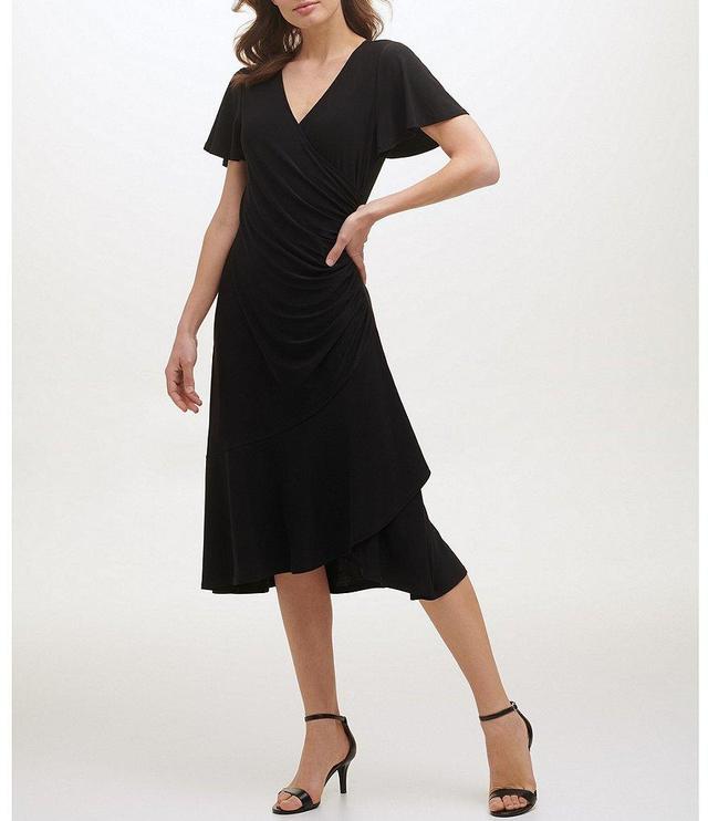 Kensie Ruched Waist Faux Wrap Surplice V-Neck Short Flutter Sleeve Midi Dress Product Image