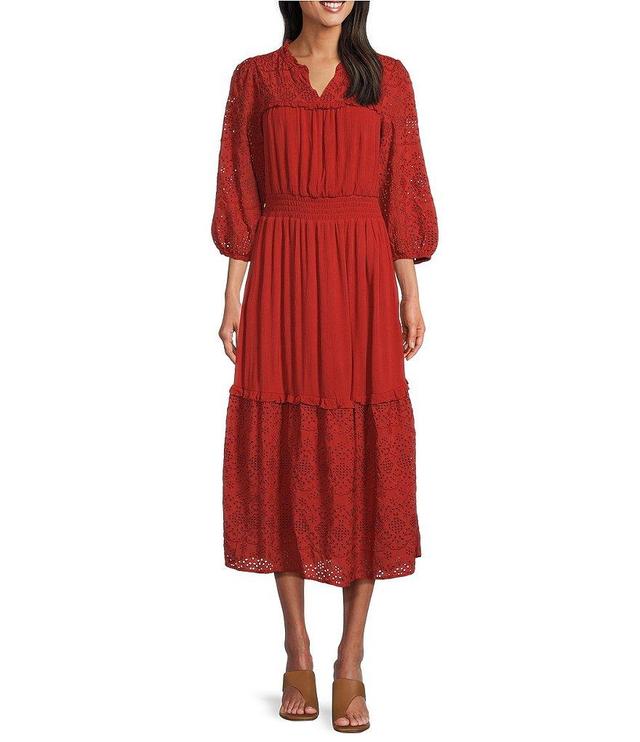 Nurture by Westbound 3/4 Sleeve Notch Neck Tiered Midi Dress Product Image