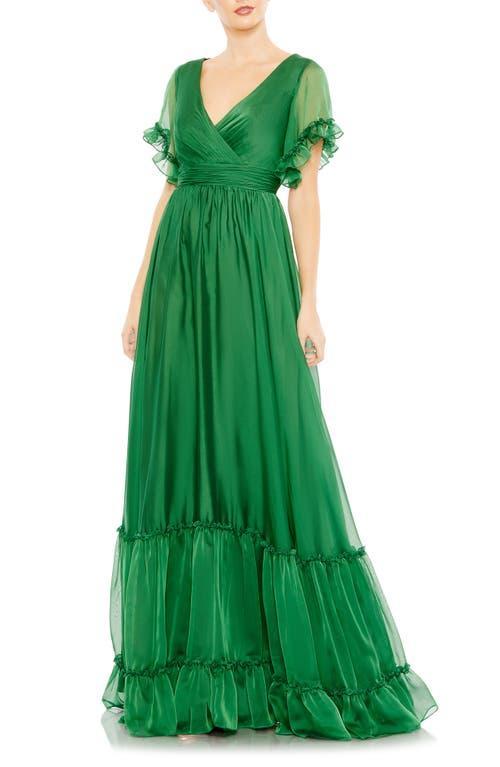 Mac Duggal Womens Butterfly Ruffle Trimmed Sleeve Wrap Over Flowy Gown Product Image