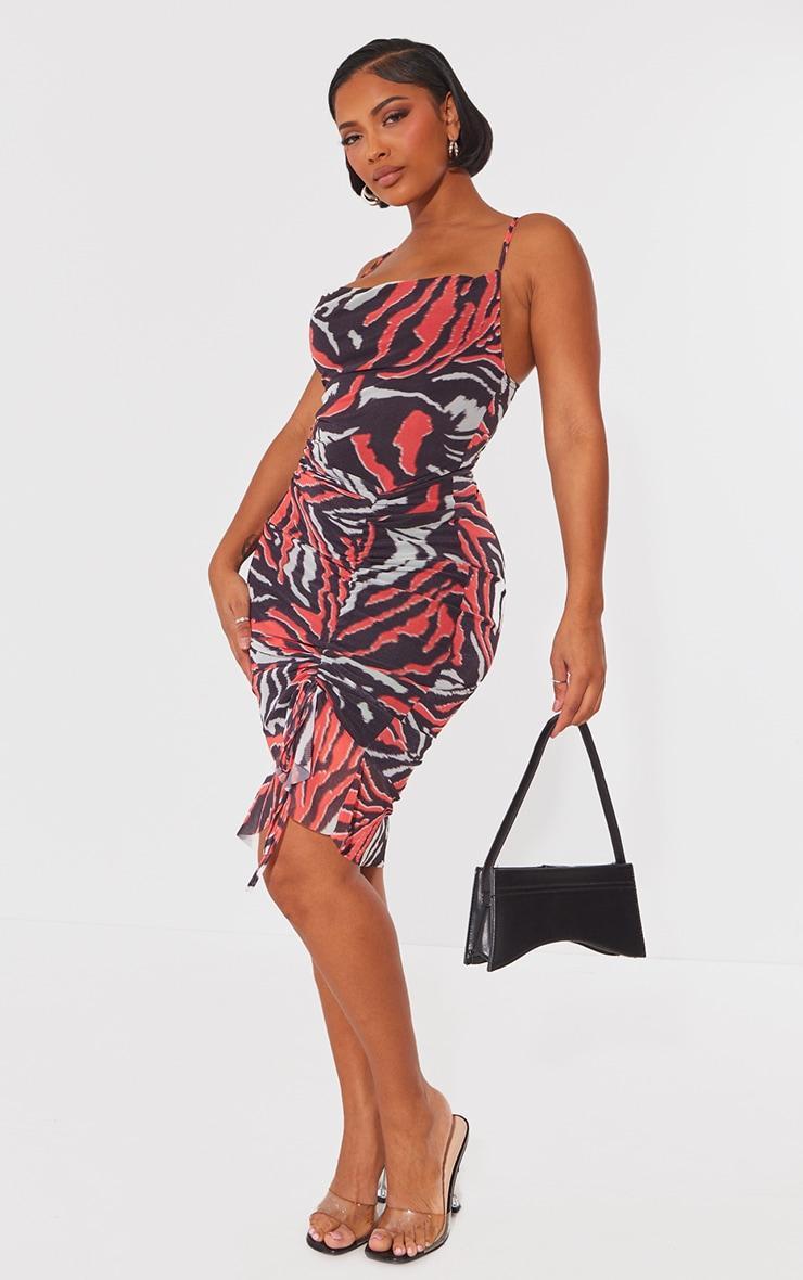 Shape Orange Abstract Zebra Print Mesh Cowl Ruched Midi Dress Product Image