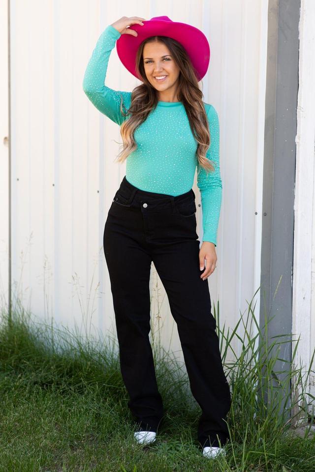 Mint Long Sleeve Bodysuit With Rhinestones Product Image