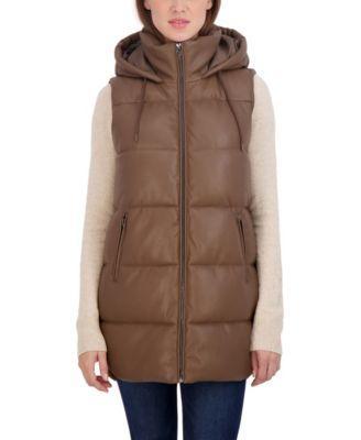 Women's Puffer Faux Leather Vest with Hood Product Image