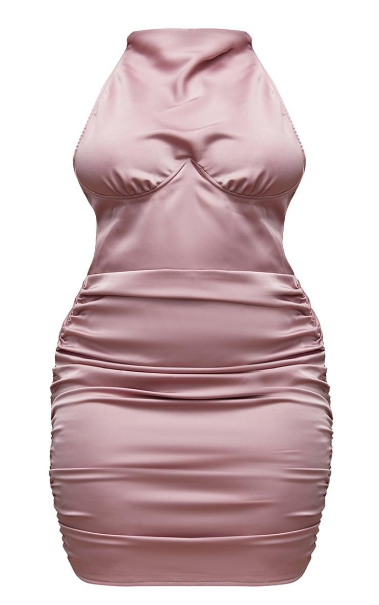 Shape Rose Satin Underbust Halteneck Ruched Bodycon Dress Product Image